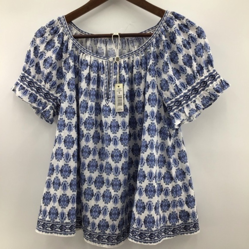 Max Studio White and Blue Printed Peasant Blouse